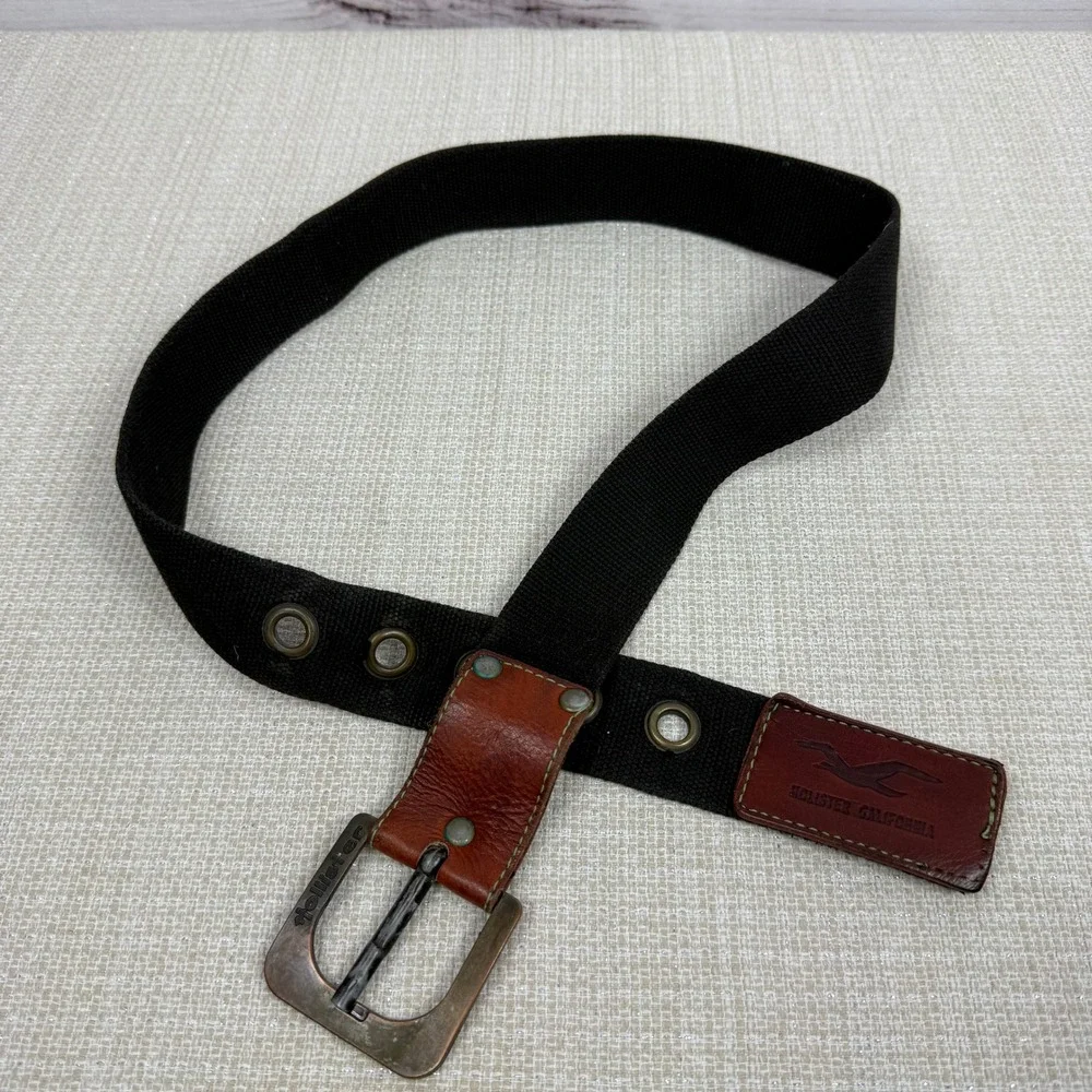 Hollister Y2K Men's Canvas Web Belt With Leather Detail & Logo‎ Buckle 34